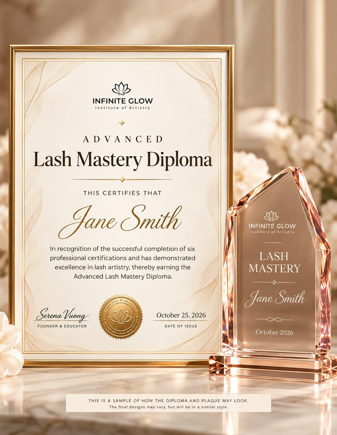 Sample Advanced Lash Mastery Diploma in a gold frame beside a rose-gold crystal Lash Mastery plaque